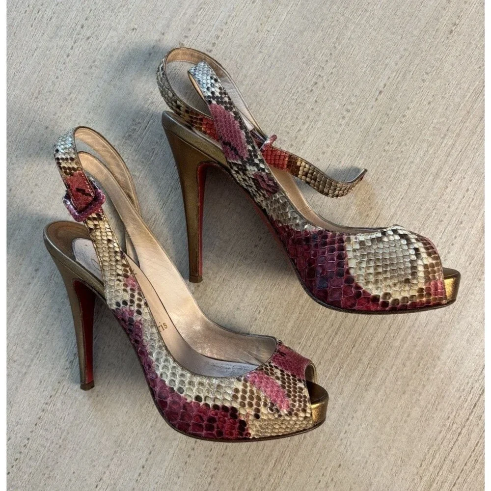 Christian Louboutin Women’s Python Snakeskin Slingback Peep Toe Heels 6.5